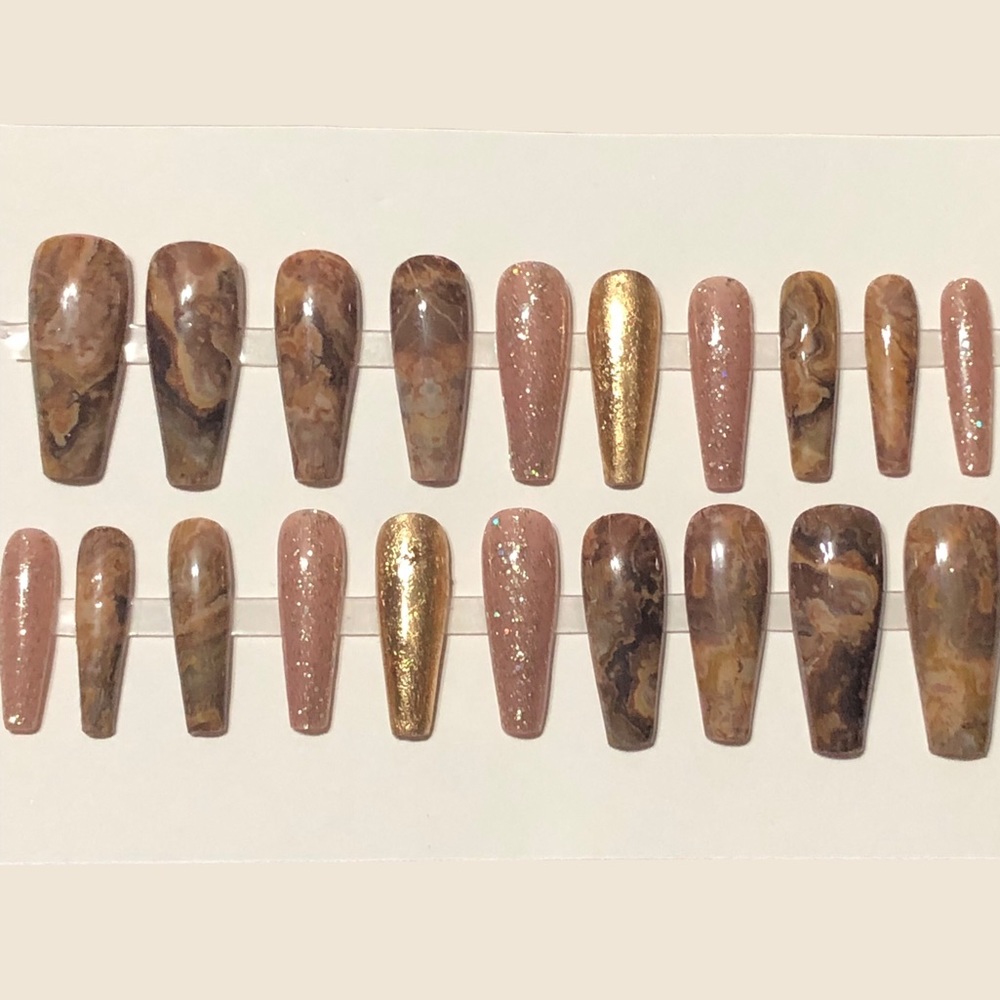 Handmade Custom Press on Nails Long Coffin UV Gel Brown Tan Marble Gold Metallic - Picture 3 of 9